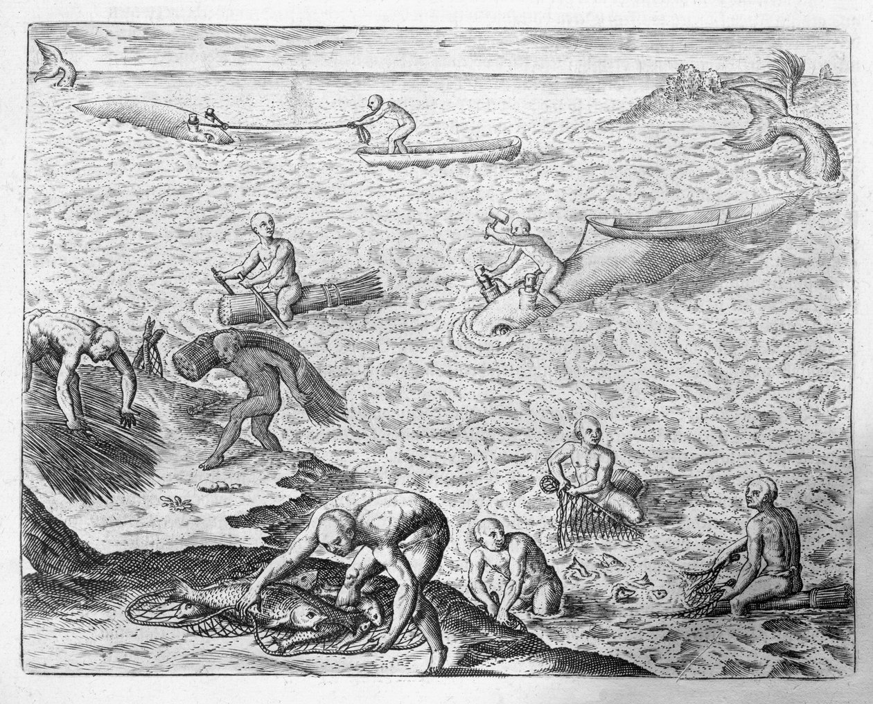 Método americano de caça à baleia, de um relato de José de Acosta, de Newe Welt und Americanische Historien, de Johann Ludwig Gottfried, publicado por Mattaeus Merian, Frankfurt, 1631 de Theodore de Bry