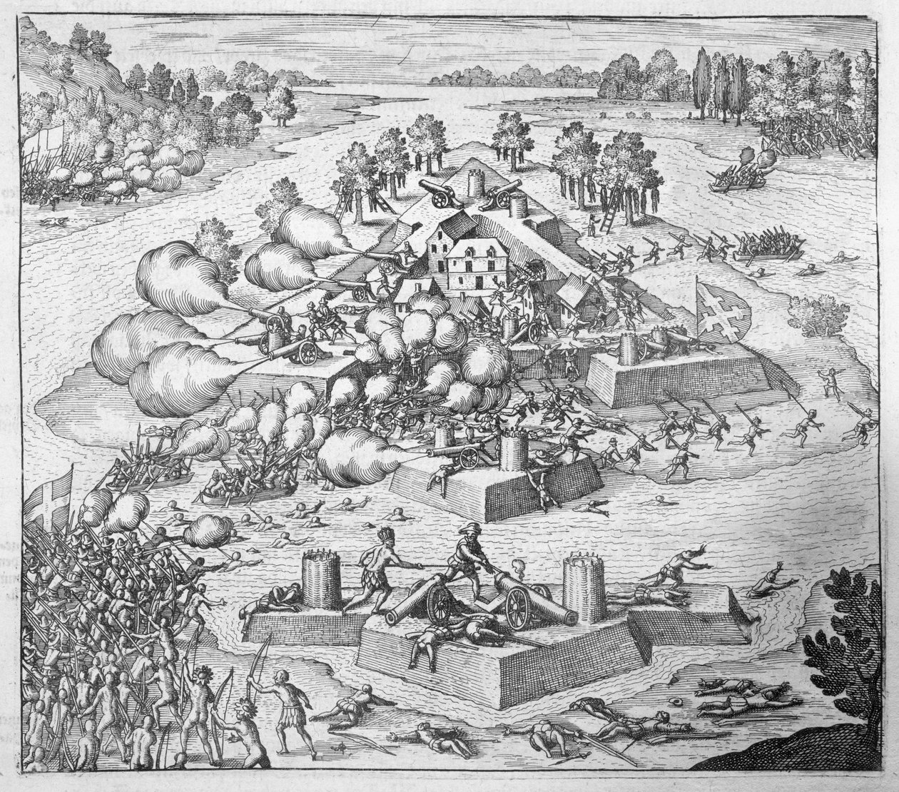 Aniquilação dos colonos protestantes franceses, Fort Charles, Flórida, 1562, de "Newe Welt und Americanische Historien", de Johann Ludwig Gottfried, publicado por Mattaeus Merian, Frankfurt, 1631 (por de Theodore de Bry