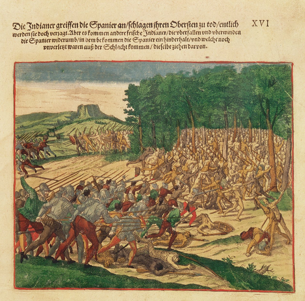 Batalha entre os índios e os espanhóis em que o coronel espanhol foi espancado até a morte de Theodore de Bry
