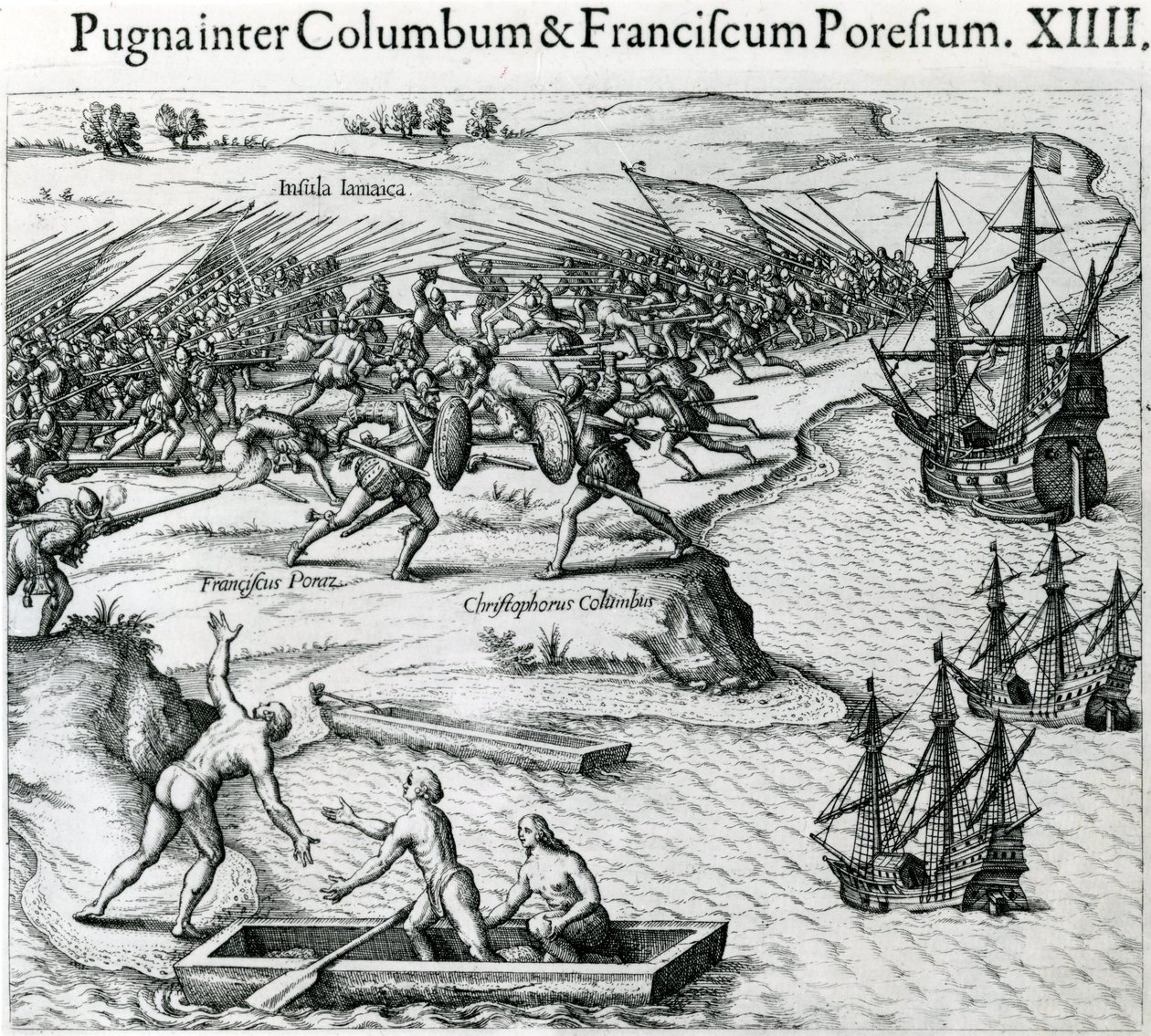Batalha na Jamaica entre Christopher Columbus (1451-1506) e Francisco Poraz, 1504, de "Mewe World e American History" por Johann Ludwig Gottfried, publicado por Mattaeus Merian, Frankfurt, de Theodore de Bry