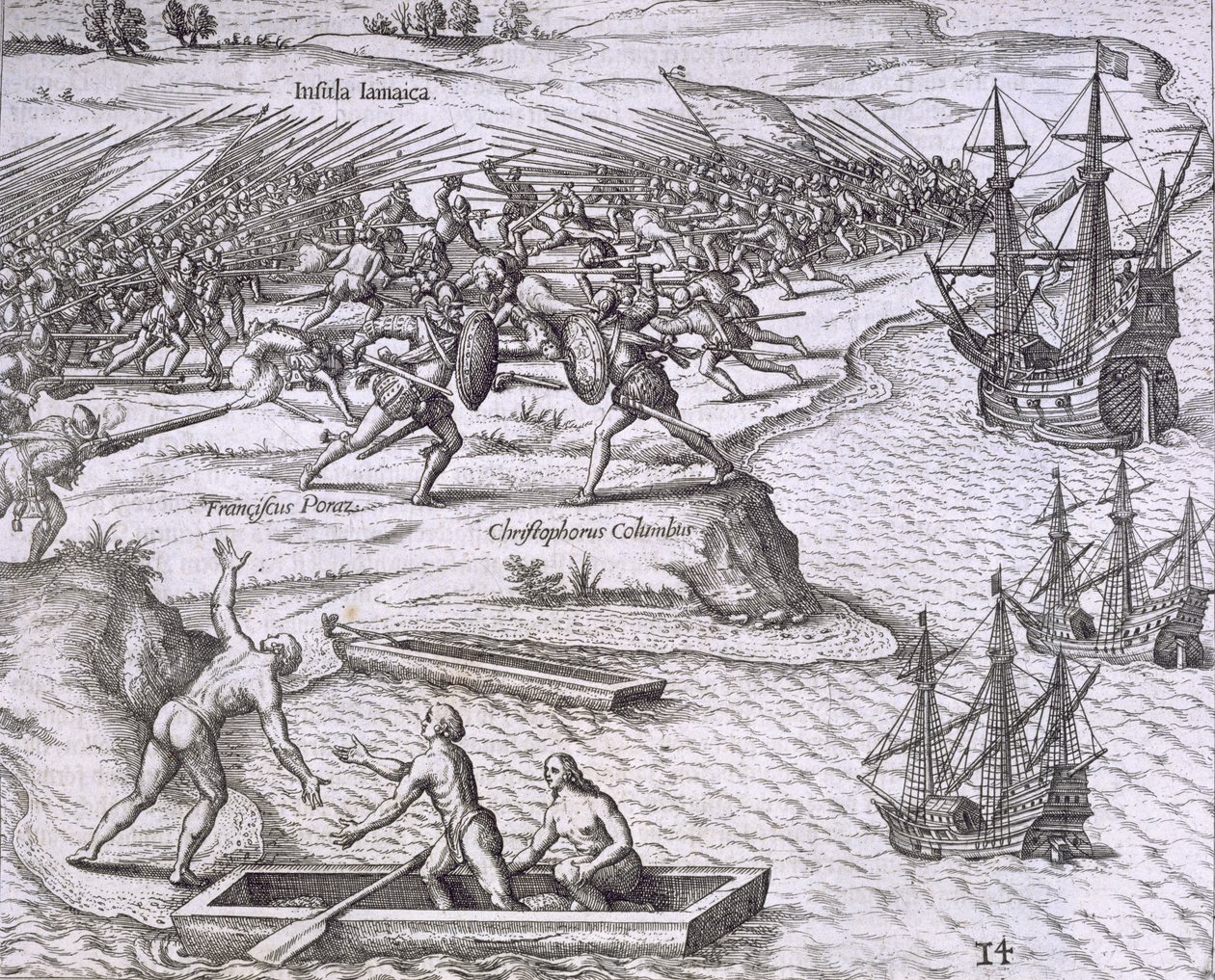 Batalha na Jamaica entre Christopher Columbus (1451-1506) e Francisco Poraz, 1504, de "Mewe World e American History" por Johann Ludwig Gottfried, publicado por Mattaeus Merian, Frankfurt, de Theodore de Bry