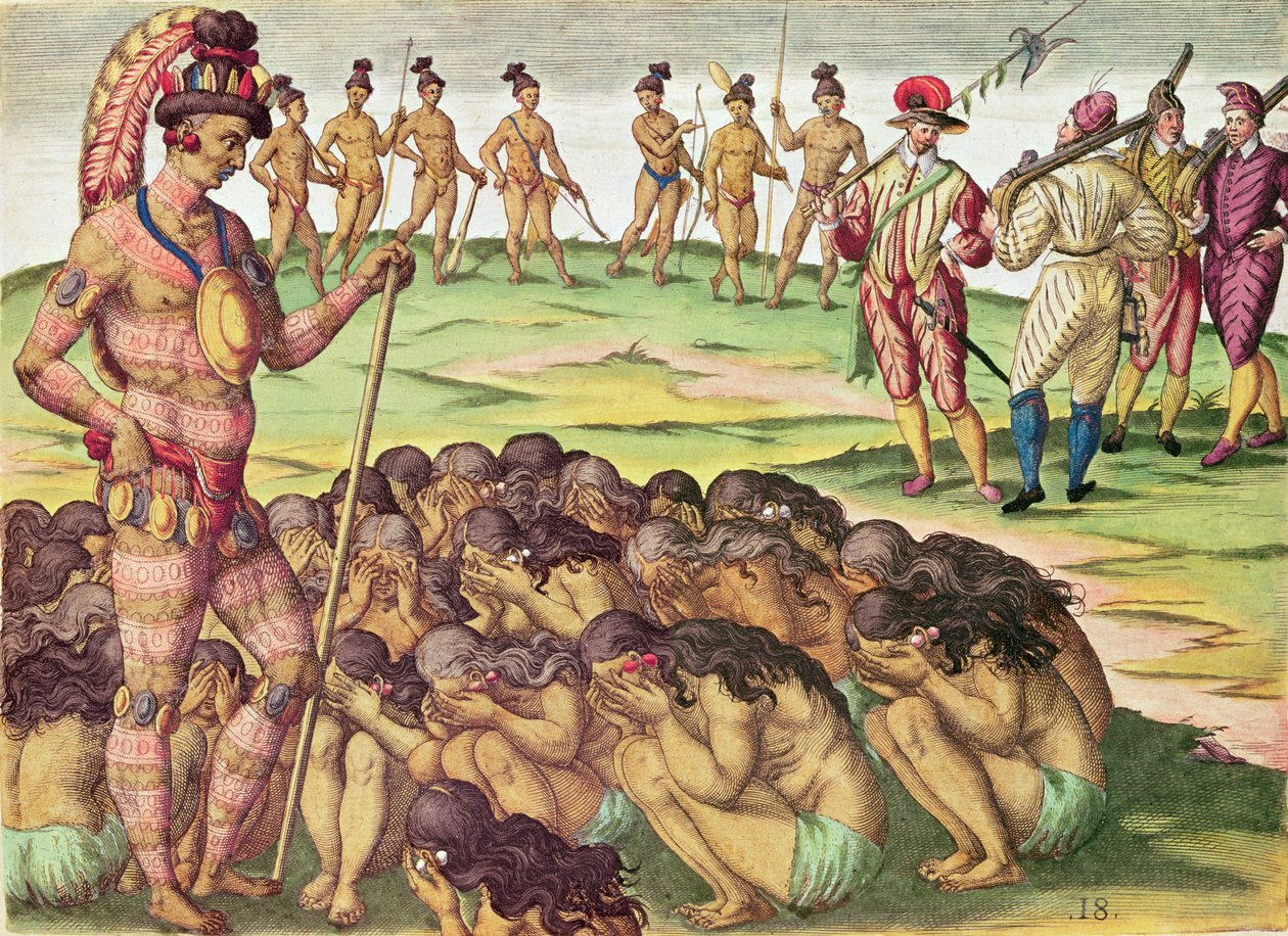 Brevis Narratio, as mulheres cujo marido é morto em combate ou morreu de doença são reivindicadas por King (página 213), 1563 (gravura colorida) de Theodore de Bry
