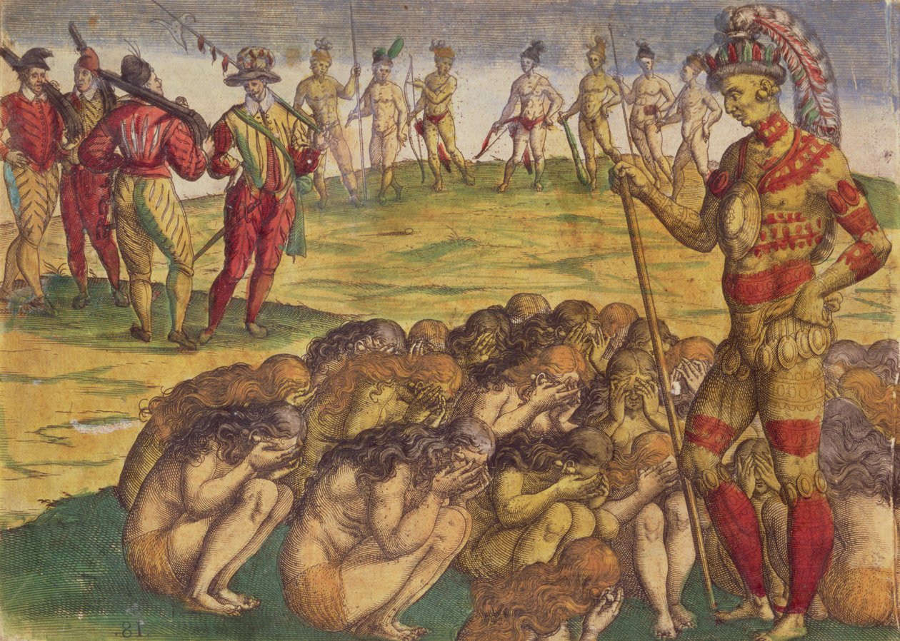 Captura dos astecas pelos colonos espanhóis, ilustração de livro, c.1550 de Theodore de Bry