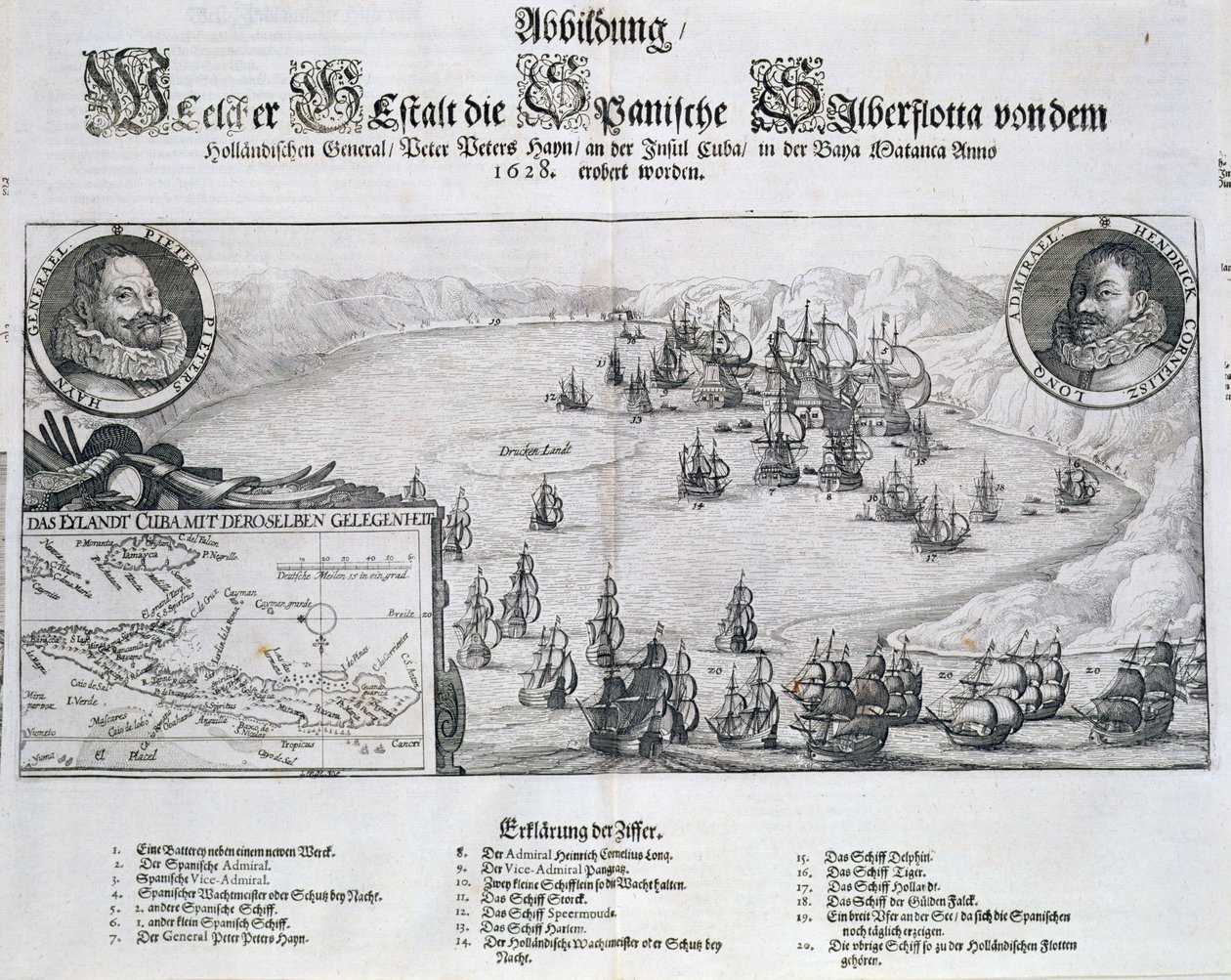Captura da frota espanhola pelos holandeses sob o almirante Piet Heyn (1578-1629) ao largo de Matanzas, Cuba, 1628, de "Newe Welt und Americanische Historien" por Johann Ludwig Gottfried, publicado por Mattaeus M de Theodore de Bry