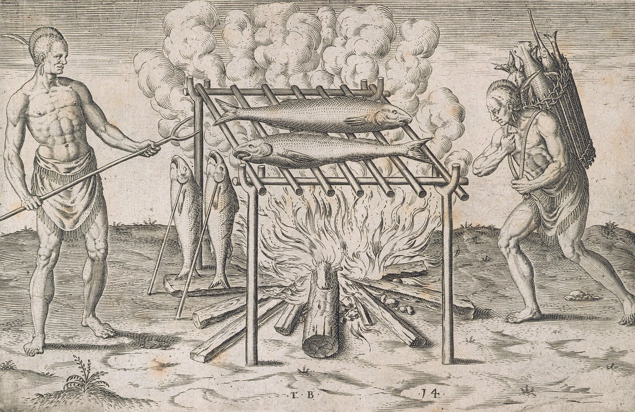 Cooking Fish, prato XIII, de &39;Um breve e verdadeiro relato da nova terra da Virgínia, Grand Voyages&39;, impresso por Johann Wechel em 1600 de Theodore de Bry