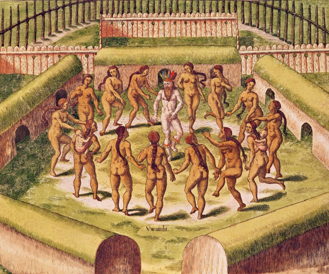 Dançando ao redor de um cativo antes da cabana que contém os Tamerkas ou ídolos, de &39;Americae Tertia Pars ...&39;, 1562 de Theodore de Bry