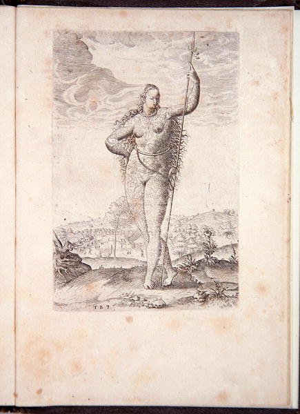 Filha dos pictos, de A briefe e relatório verdadeiro da nova terra encontrada da Virgínia, Grand Voyages, impresso por Johann Wechel em 1600 de Theodore de Bry