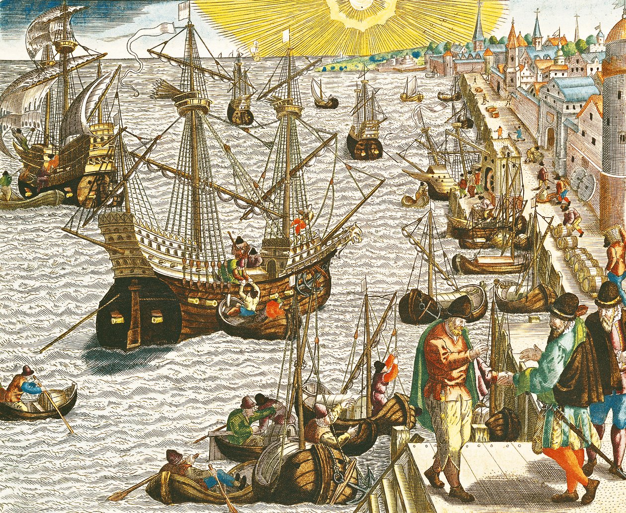 Partida de Lisboa para o Brasil, as Índias Orientais e a América, ilustração de &39;Americae Tertia Pars ...&39;, 1592 de Theodore de Bry