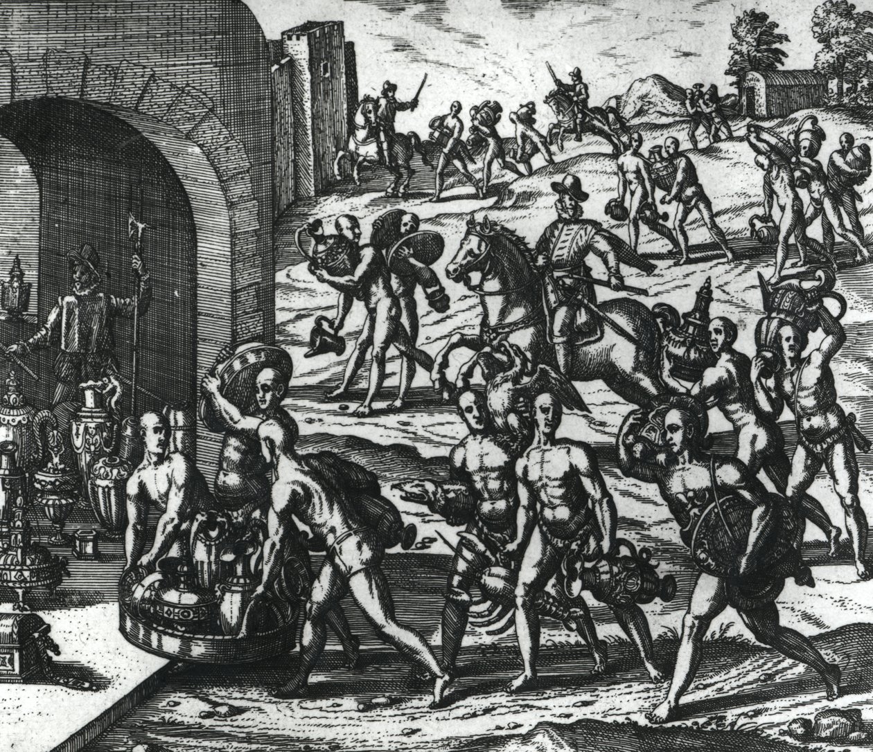 Índios trazendo vasos de Balboa e objetos de ouro de Theodore de Bry