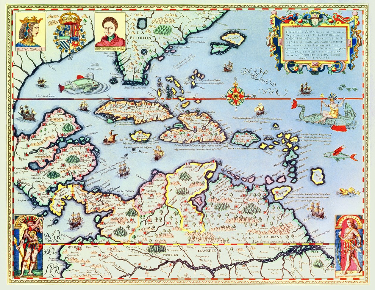 Mapa das ilhas do Caribe e do estado americano da Flórida de Theodore de Bry
