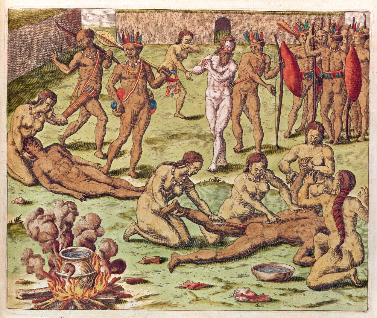 No Brasil, Estados navegação, imolação de um bárbaro (página 525), 1563 (gravura da cor) de Theodore de Bry