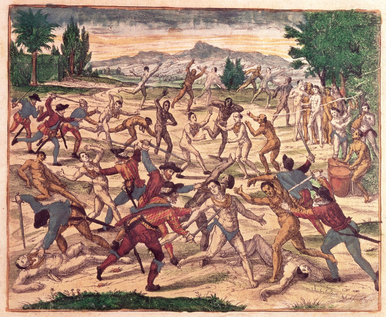 Pedro de Alvarado e seus soldados massacrando os astecas, c.1520 de Theodore de Bry