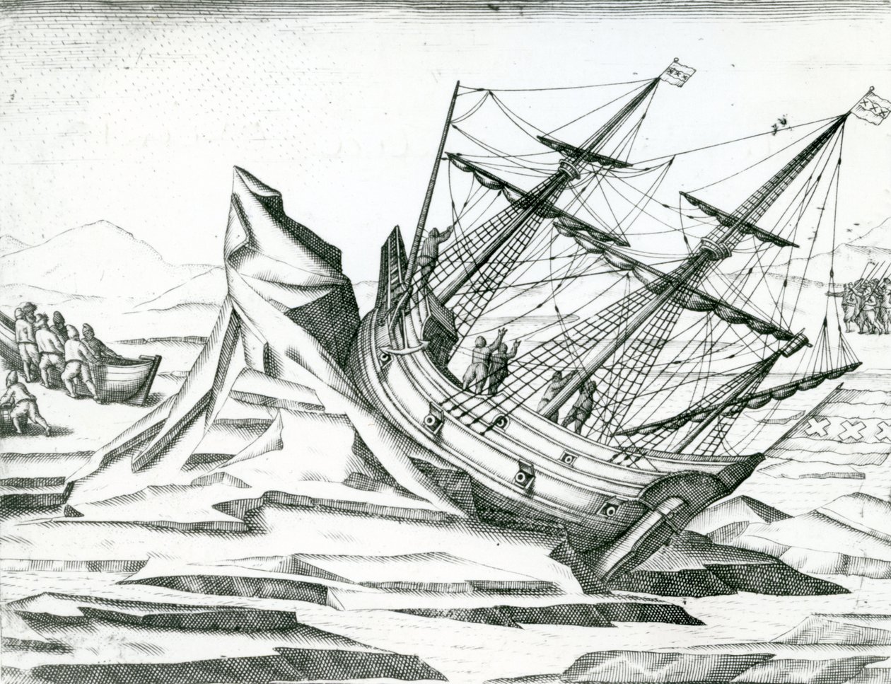 Veleiro encalhado no Iceberg, ilustração de &39;India Orientalis&39; 1598 de Theodore de Bry