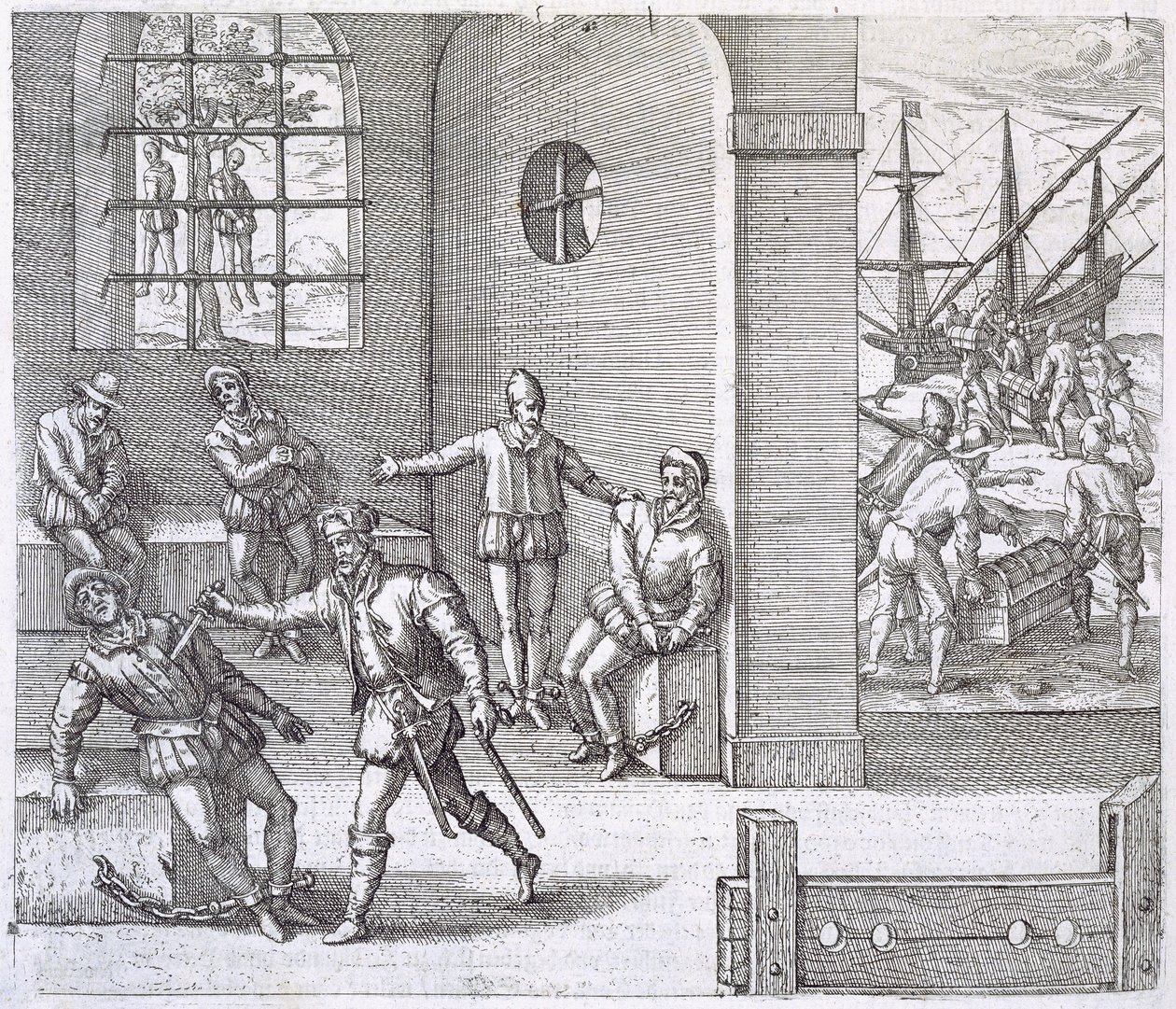 Traidores espanhóis no Panamá executados enquanto o ouro roubado dos Incas é carregado em navios com destino a Espanha, do "Americanische Historien" de Johann Ludwig Gottfried, publicado por Mattaeus Merian, Fra de Theodore de Bry