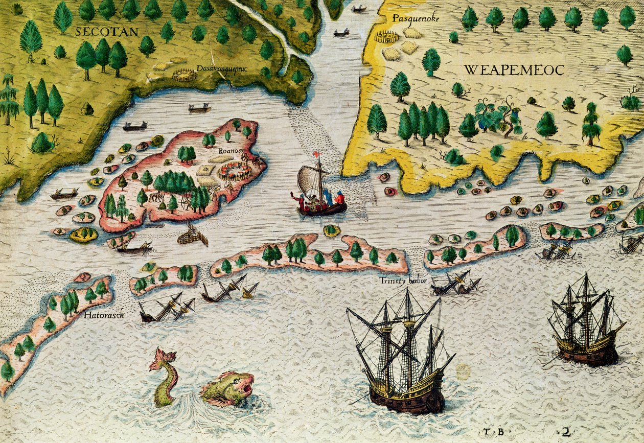 A chegada dos ingleses na Virgínia, de &39;Admiranda Narratio ..&39;, 1585-88 de Theodore de Bry