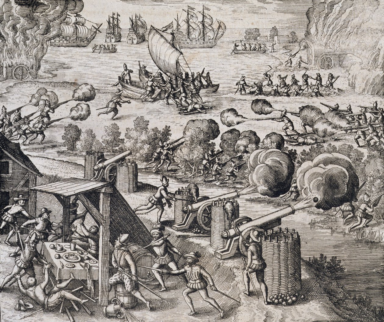 A frota holandesa ataca a fortaleza espanhola de Gratiosa em Gran Canaria, de "Newe Welt und Americanische Historien", de Johann Ludwig Gottfried, publicado por Mattaeus Merian, Frankfurt, 1631 (gravado de Theodore de Bry