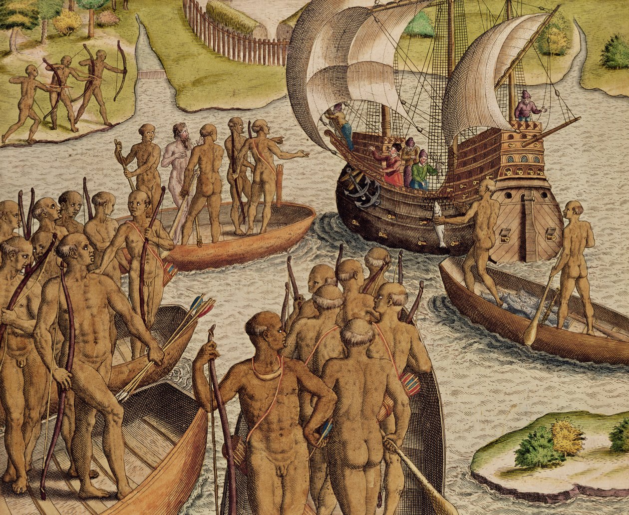 "Os lusitanos mandam um segundo barco para mim", de "Americae Tertia Pars ...", 1592 de Theodore de Bry