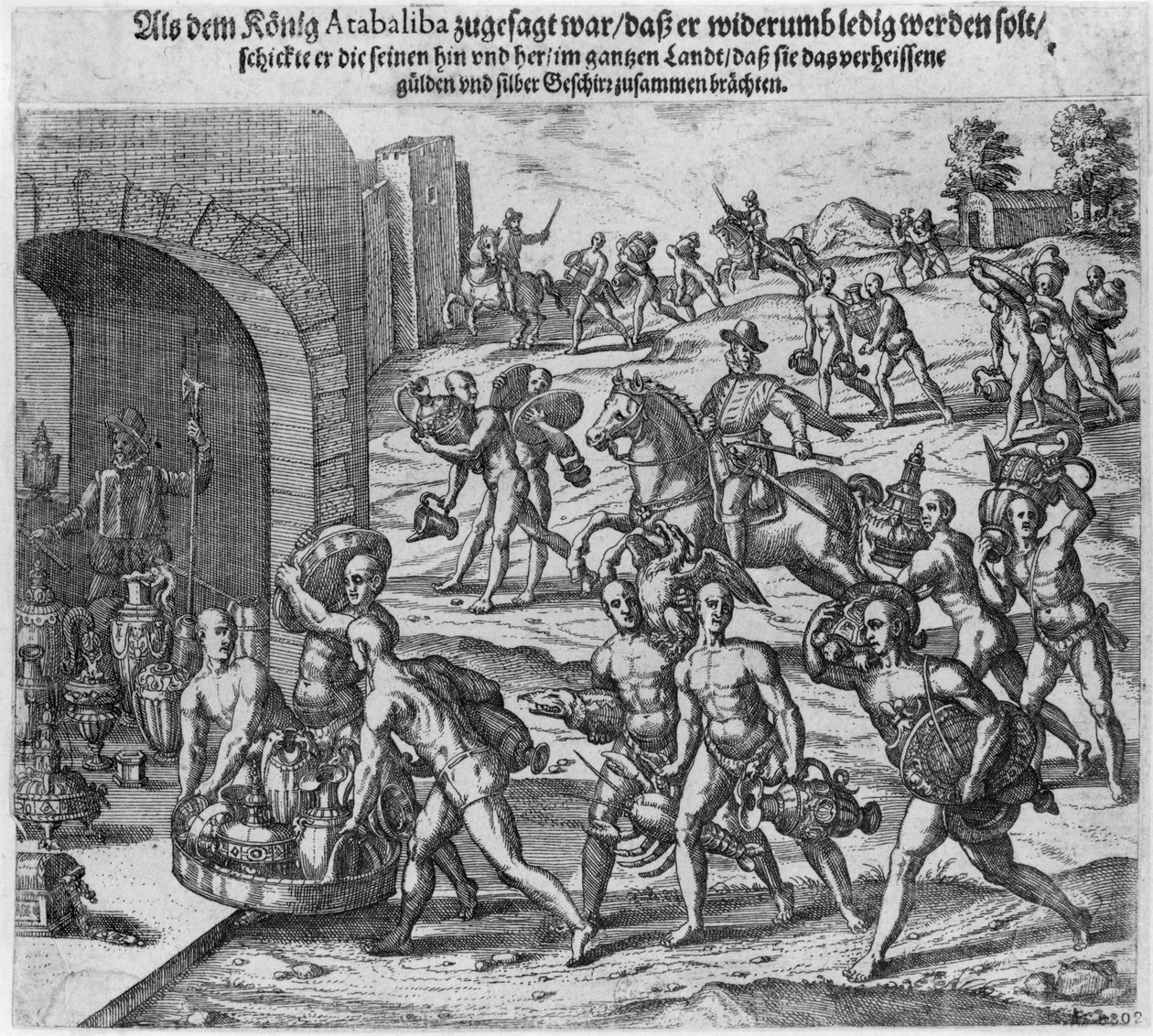 O resgate do rei Atahualpa (c.1502-33) oferecido a Francisco Pizarro, 1533 de Theodore de Bry