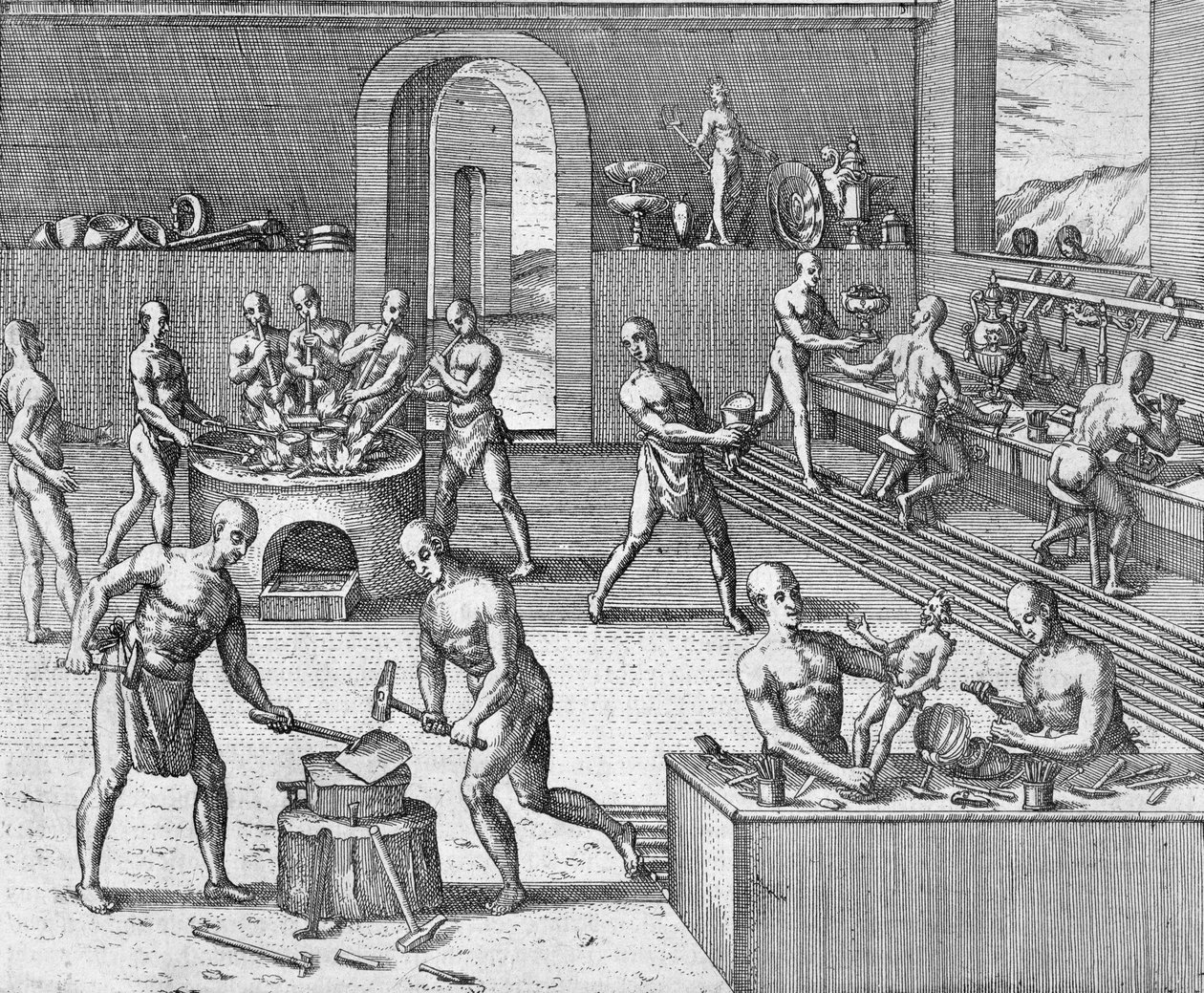 O ateliê de ourives de Atahualpa, em Quito, de um relato de Girolamo Benzoni, de Newe Welt und Americanische Historien, de Johann Ludwig Gottfried, publicado por Mattaeus Merian, Frankfurt, de Theodore de Bry