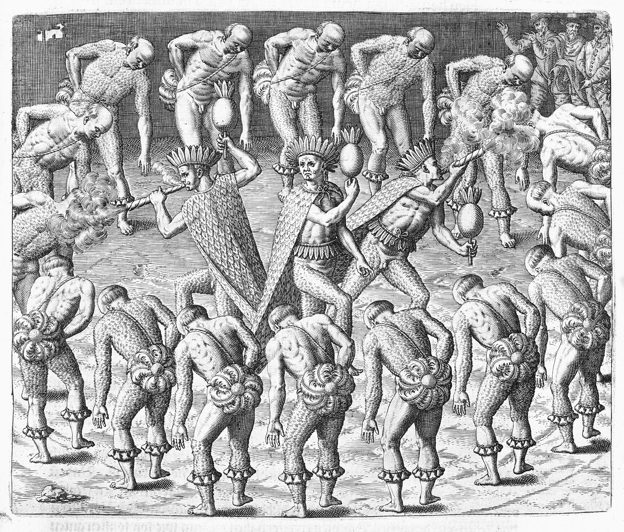 Índios Tupinambás observados por Hans Staden durante sua viagem ao Brasil, em 1552, de Newe Welt und Americanische Historien, de Johann Ludwig Gottfried, publicado por Mattaeus Merian, Frankfurt, 1631 de Theodore de Bry