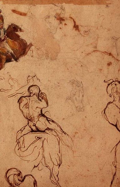Estudo de cavalos e cavaleiros (lápis, caneta e tinta castanha, e aguarela) de Theodore (attr. to) Gericault