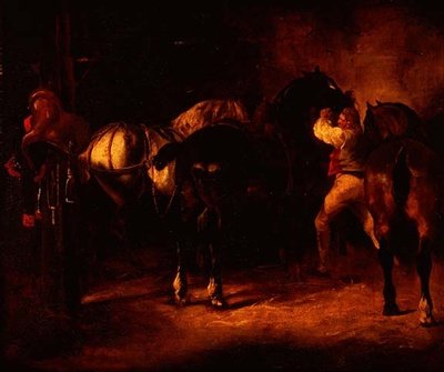 Três cavalos em um estábulo de Theodore (attr. to) Gericault