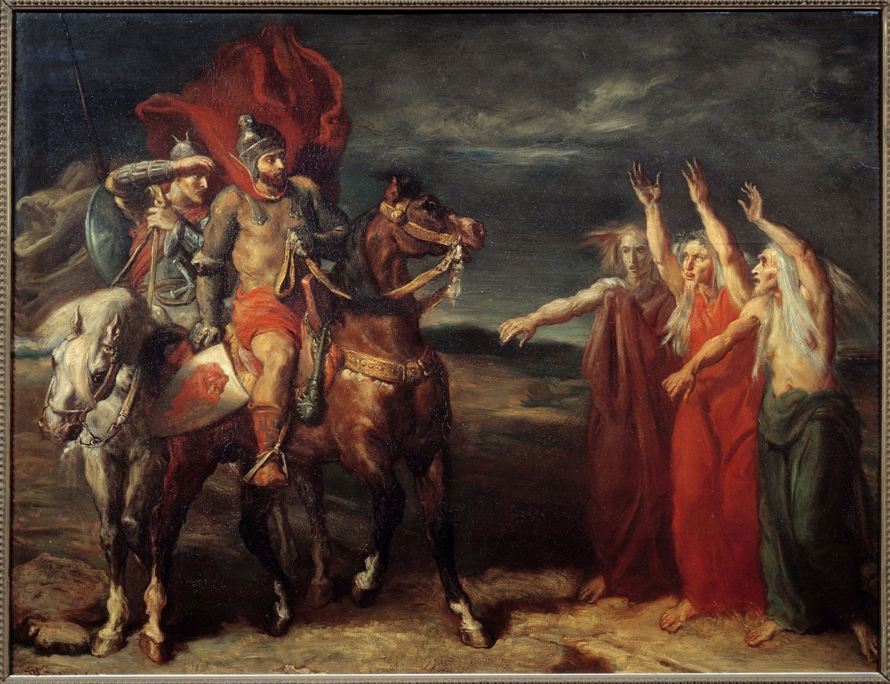 Macbeth e a Ilustração das Três Bruxas da Cena 3 do Acto I da peça "MacBeth", de William Shakespeare. Pintura de Theodore Chasseriau (1819-1856) 1855 Sun. 0,72x0,9 m Paris, musee d