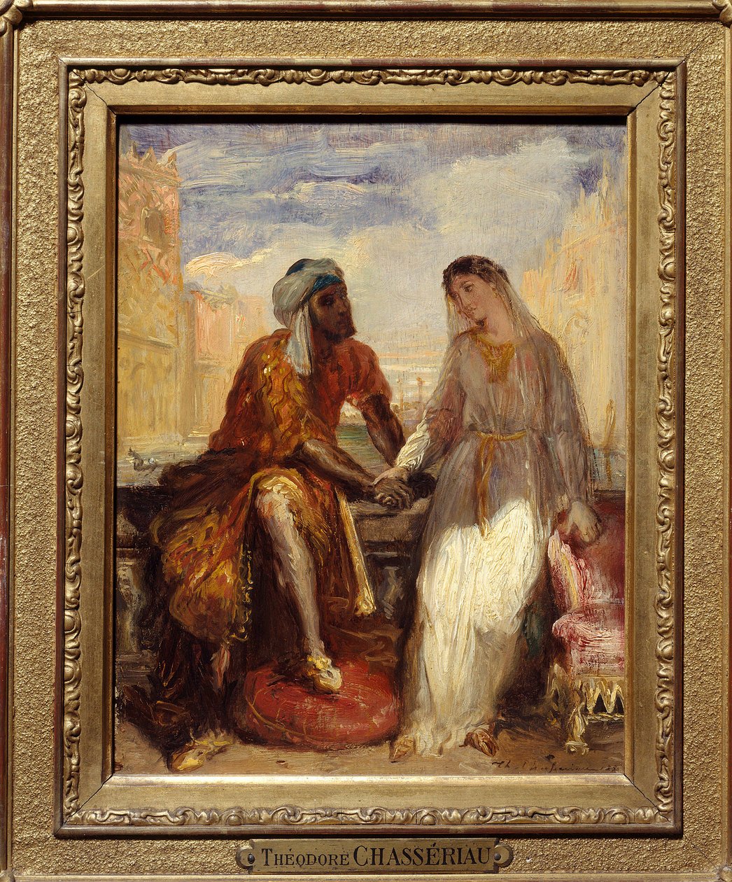 Othello e Desdemone em Veneza Ilustração do Acto I da tragédia "Otelo" de William Shakespeare (1564-1616). Pintura de Theodore Chasseriau (1819-1856) 1850 Sol. 0,25 X 0,20 Paris. Musee Du Louvre- Othello e Desdemona em Veneza, cena da Otel de Théodore Chassériau