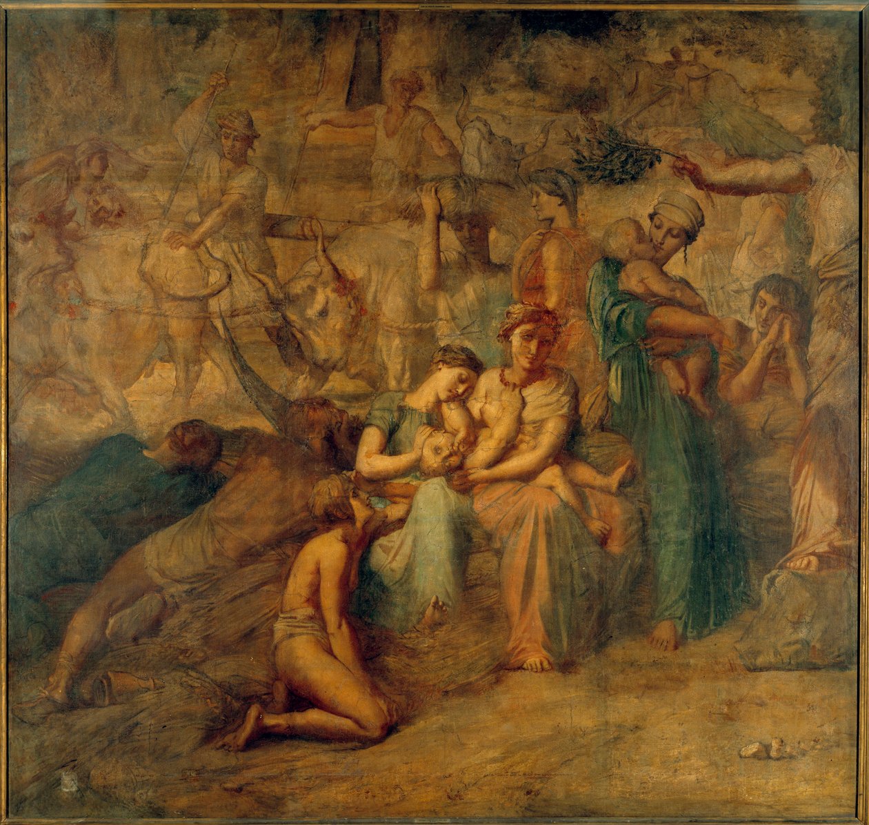 Paz Representação alegórica com mãe e filho e rebanhos. Pintura da escadaria da Cour des comptes por Theodore Chasseriau (1819-1856) Sol do século XIX. 3,4x3,6 m de Théodore Chassériau