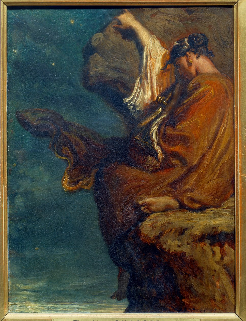 Sapho A poetisa grega Sapho (Sappho) (cerca de 600 a.C.) sentada sobre uma rocha e olhando para o mar com melancolia. Pintura de Theodore Chasseriau (1819-1856) 1849 Sol. 0,27x0,21 m Paris, musee d