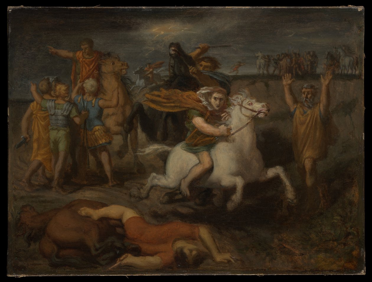Cena da Guerra da Gália: O gaulês Littavicus, traidor da causa romana, foge para Gergóvia para apoiar Vercingétorix de Théodore Chassériau