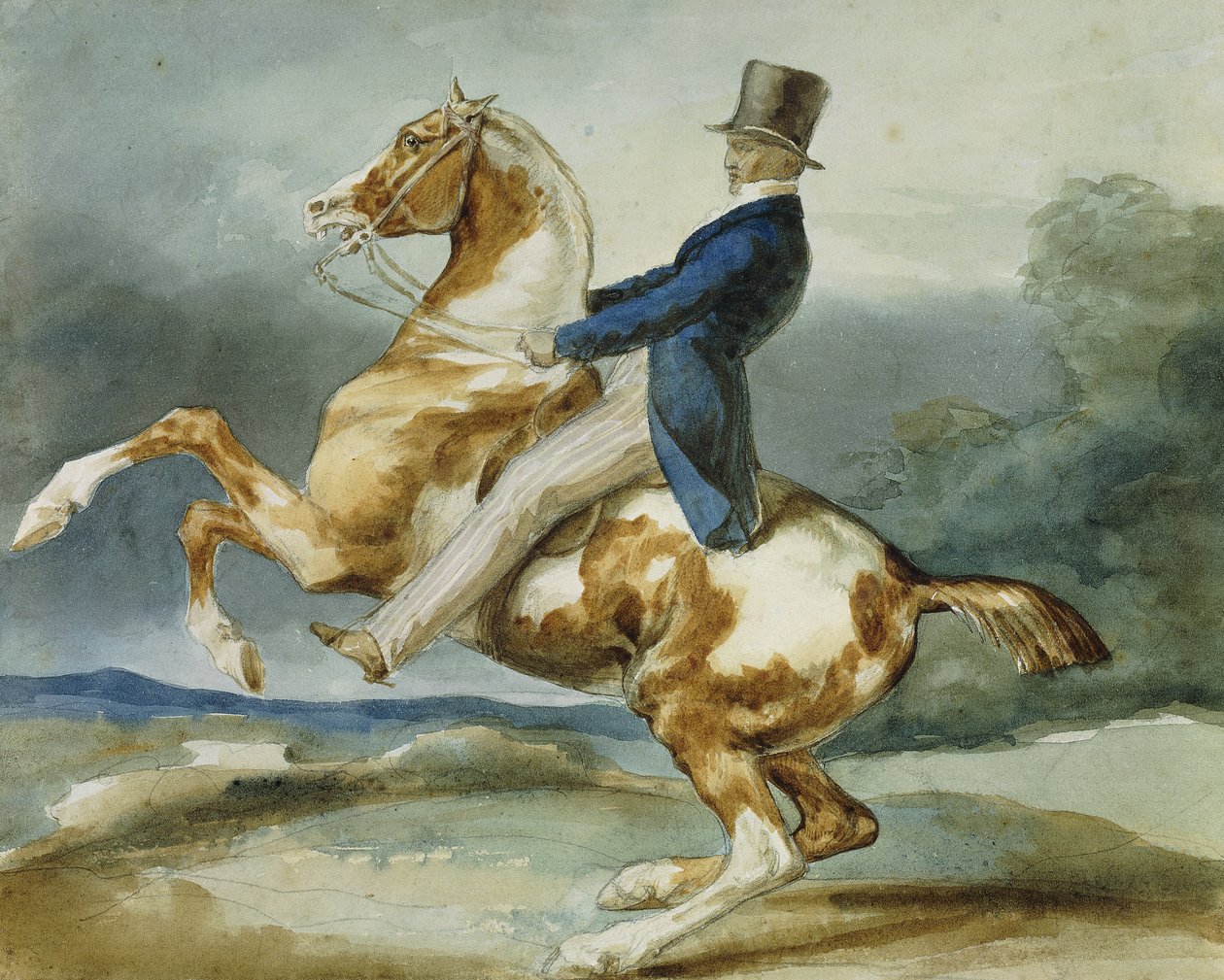 Um cavaleiro e seu cavalo de criação; Un Cavalier Cabrant Son Cheval, de Theodore Gericault