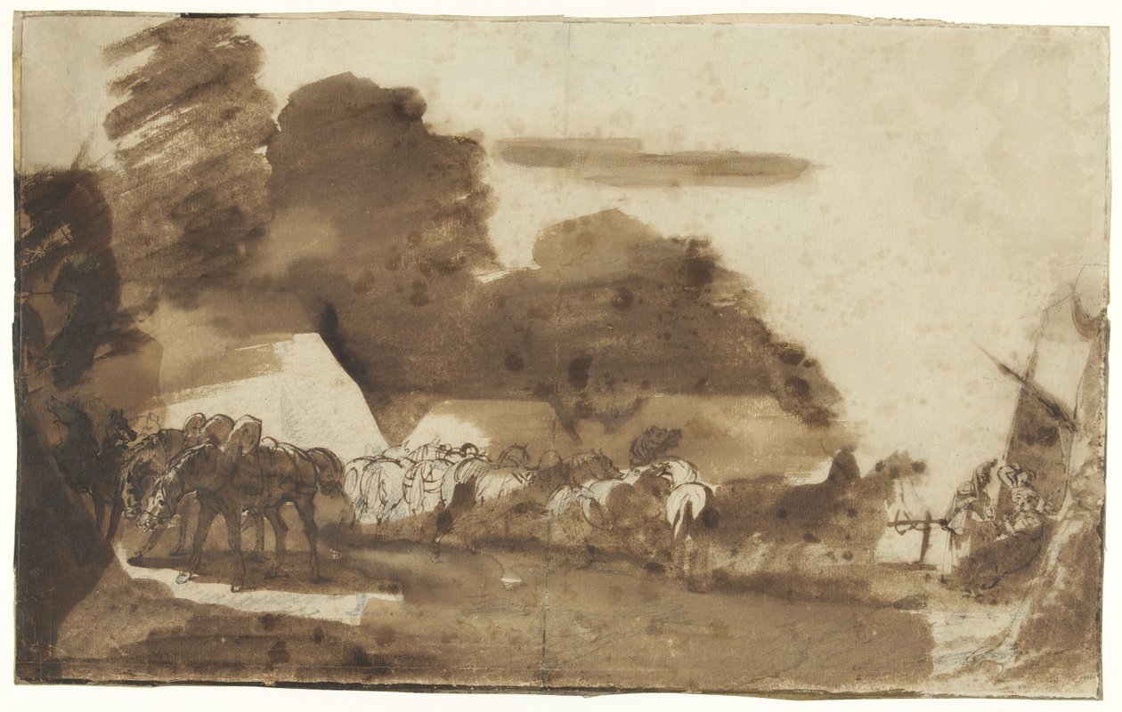 Bivouac com cavalos e soldados de Theodore Gericault