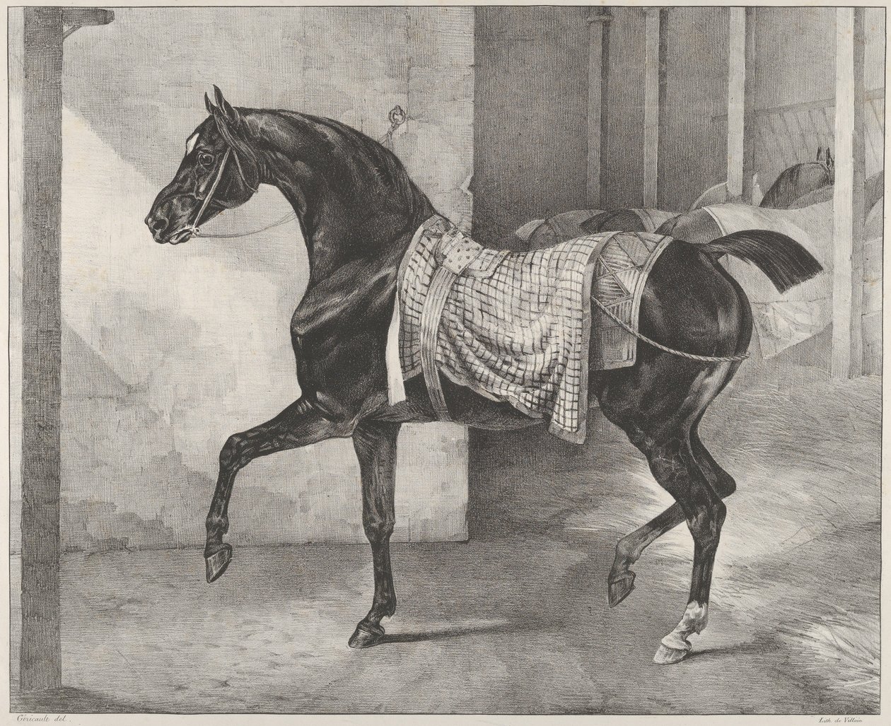Cavalo preto amarrado num estábulo de Theodore Gericault