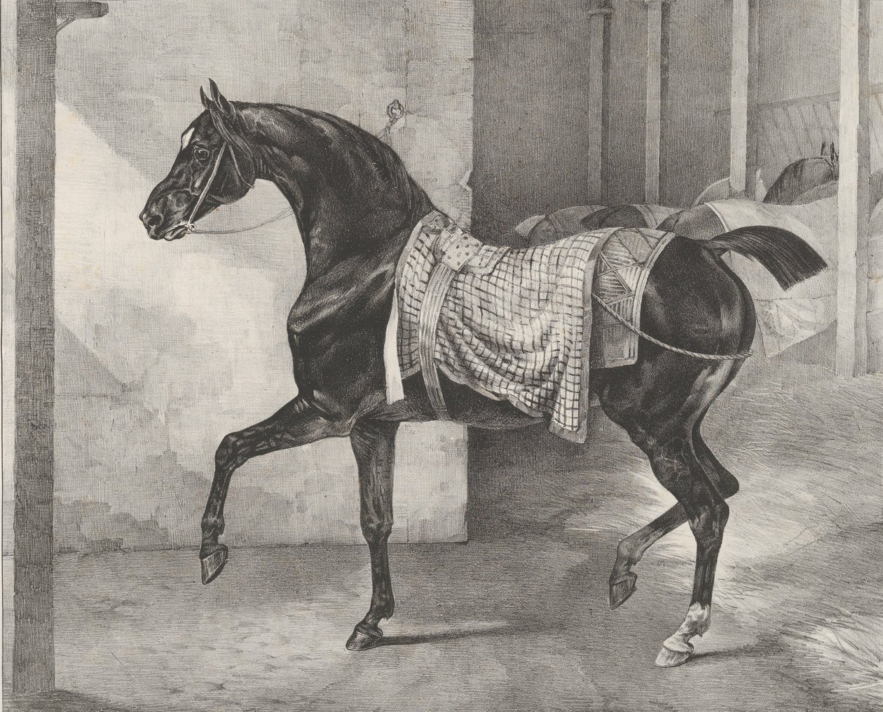 Cavalo preto amarrado em um estábulo, 1822. de Theodore Gericault