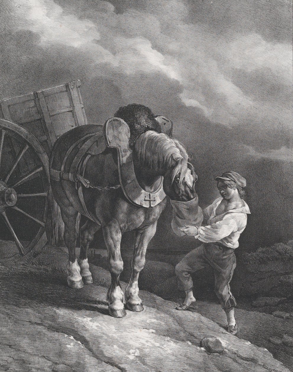 Menino alimentando um cavalo de carroça de um saco de nariz, 1822. de Theodore Gericault