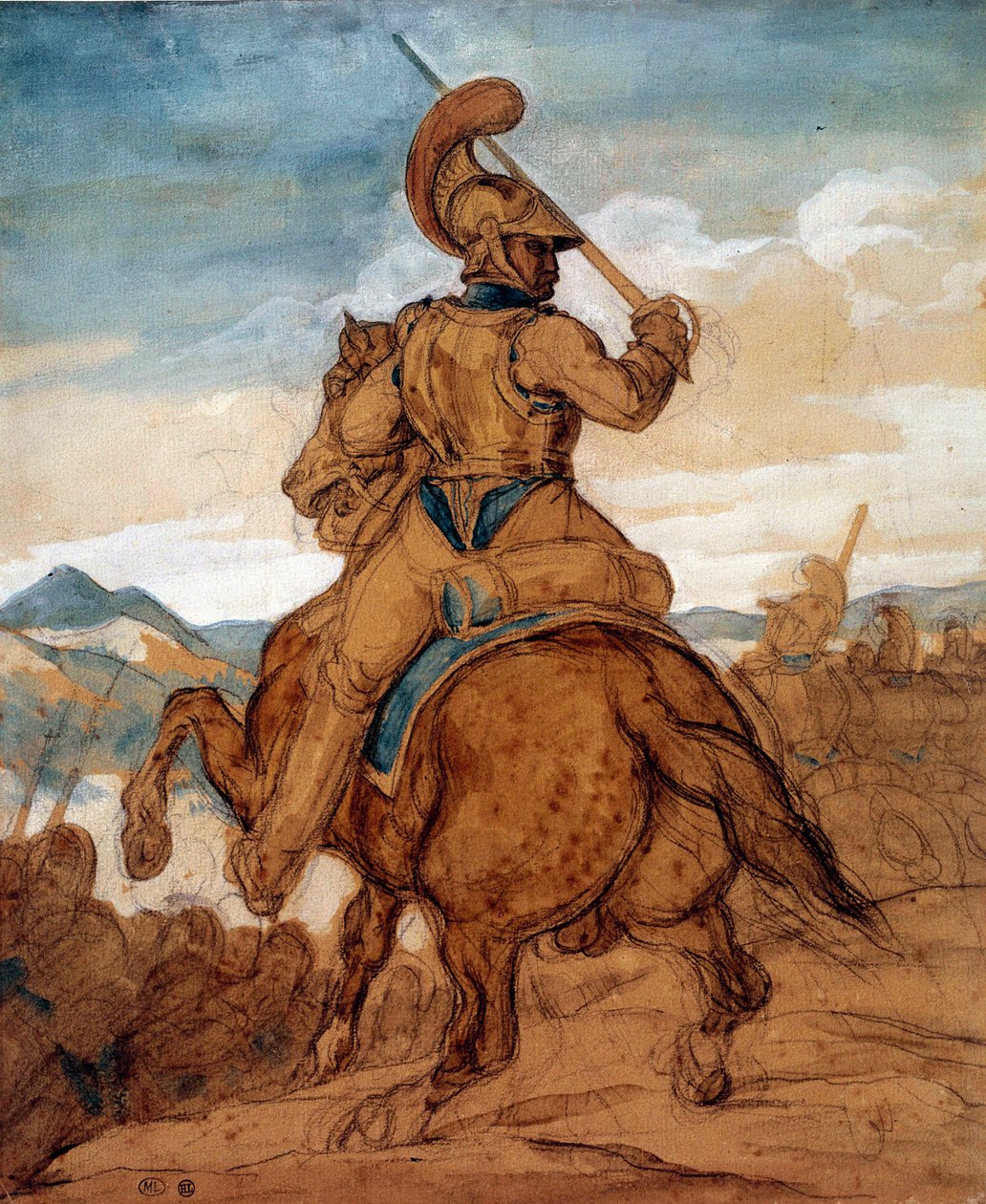 Mosquetão ou cuirassier a cavalo Watercolour, guache, lavagem por Theodore Gericault (1791-1824) Sol do século XIX. 0,25x0,22 m Paris, musee du Louvre de Theodore Gericault