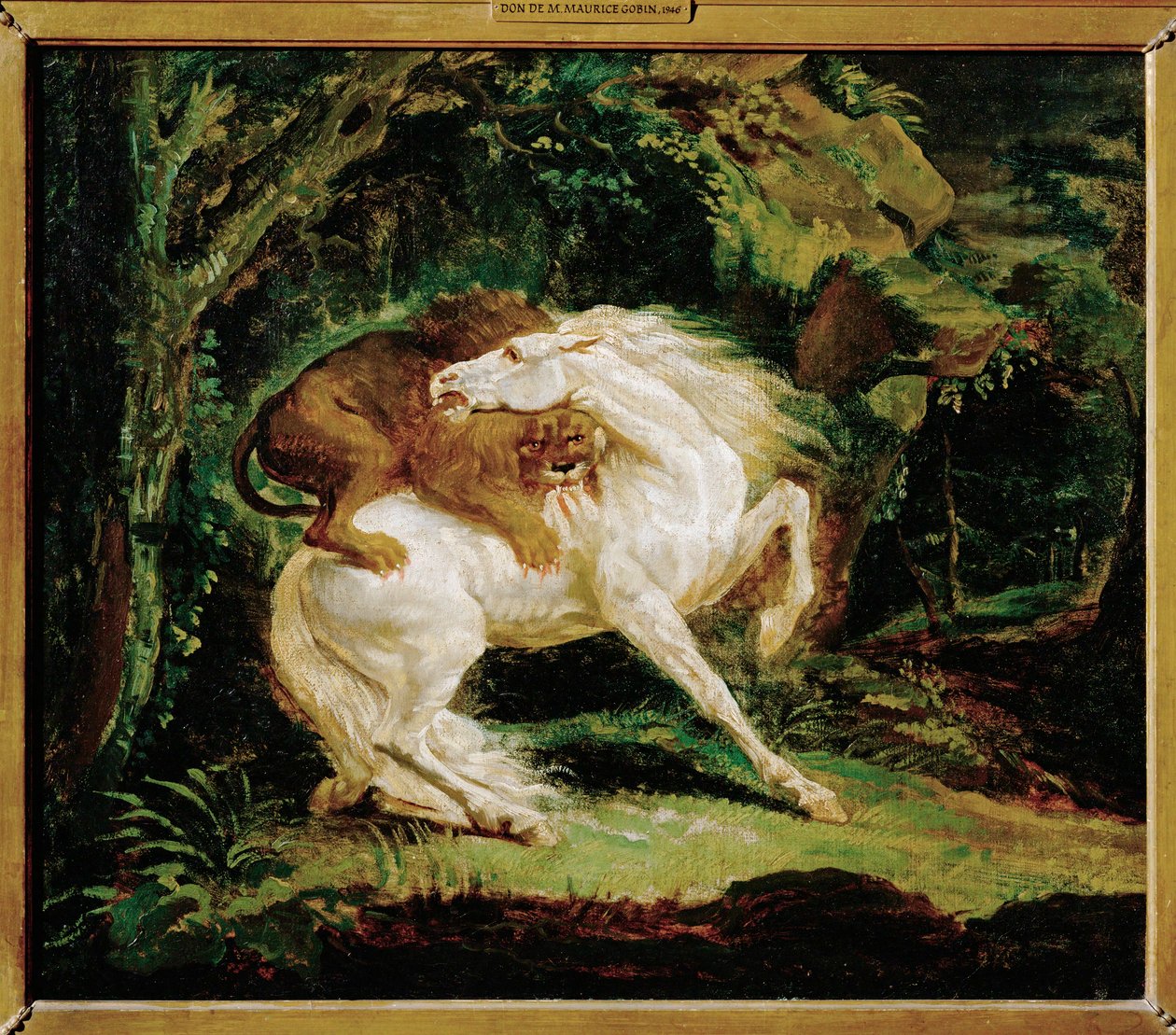 Cheval attaque par un lion - um cavalo atacado por um leão, segundo uma gravura de Laurie e uma pintura de George Stubbs ... de Theodore Gericault