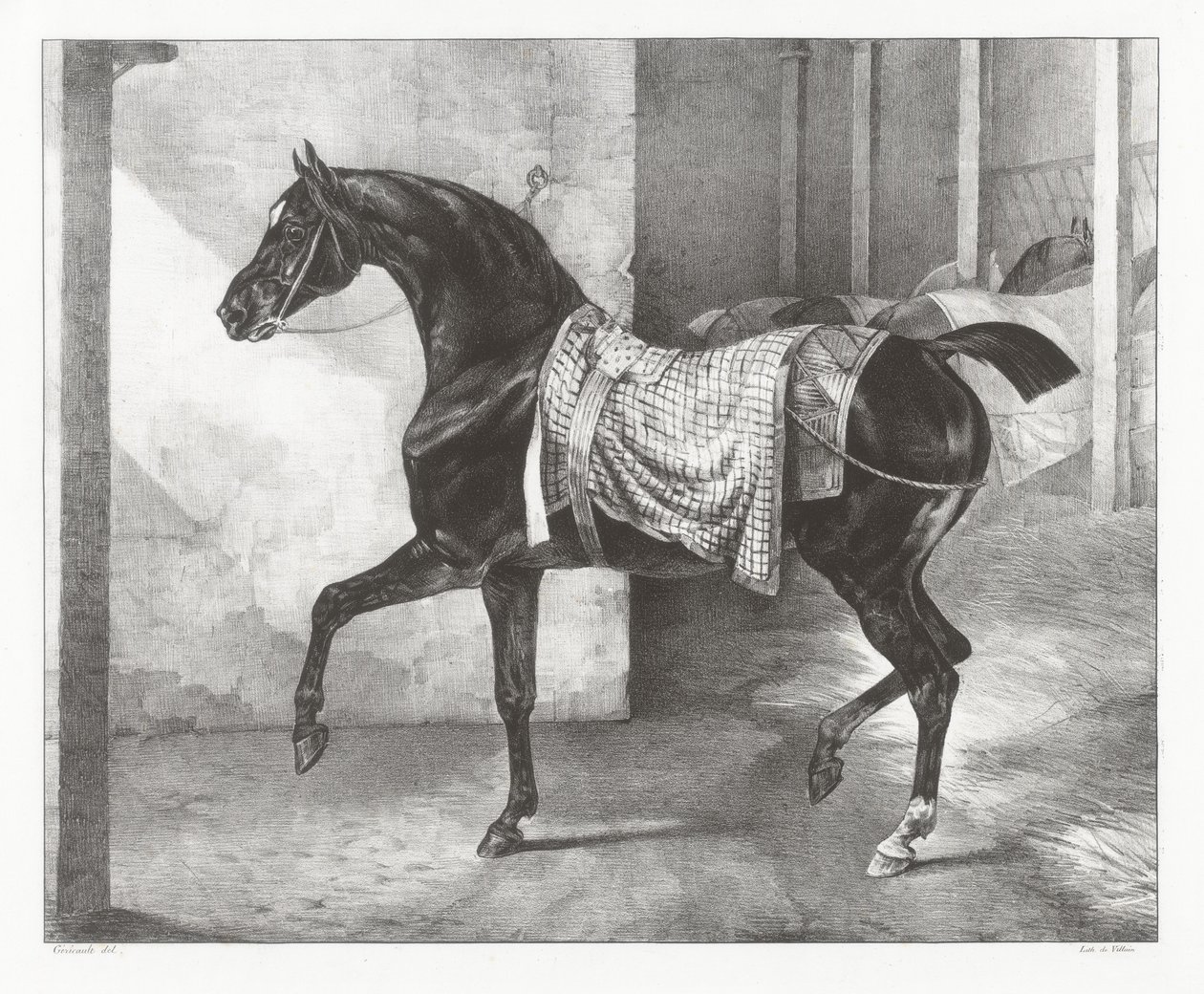 Cavalo preto amarrado num estábulo (A Black Horse Tethered in a Stable) de Theodore Gericault