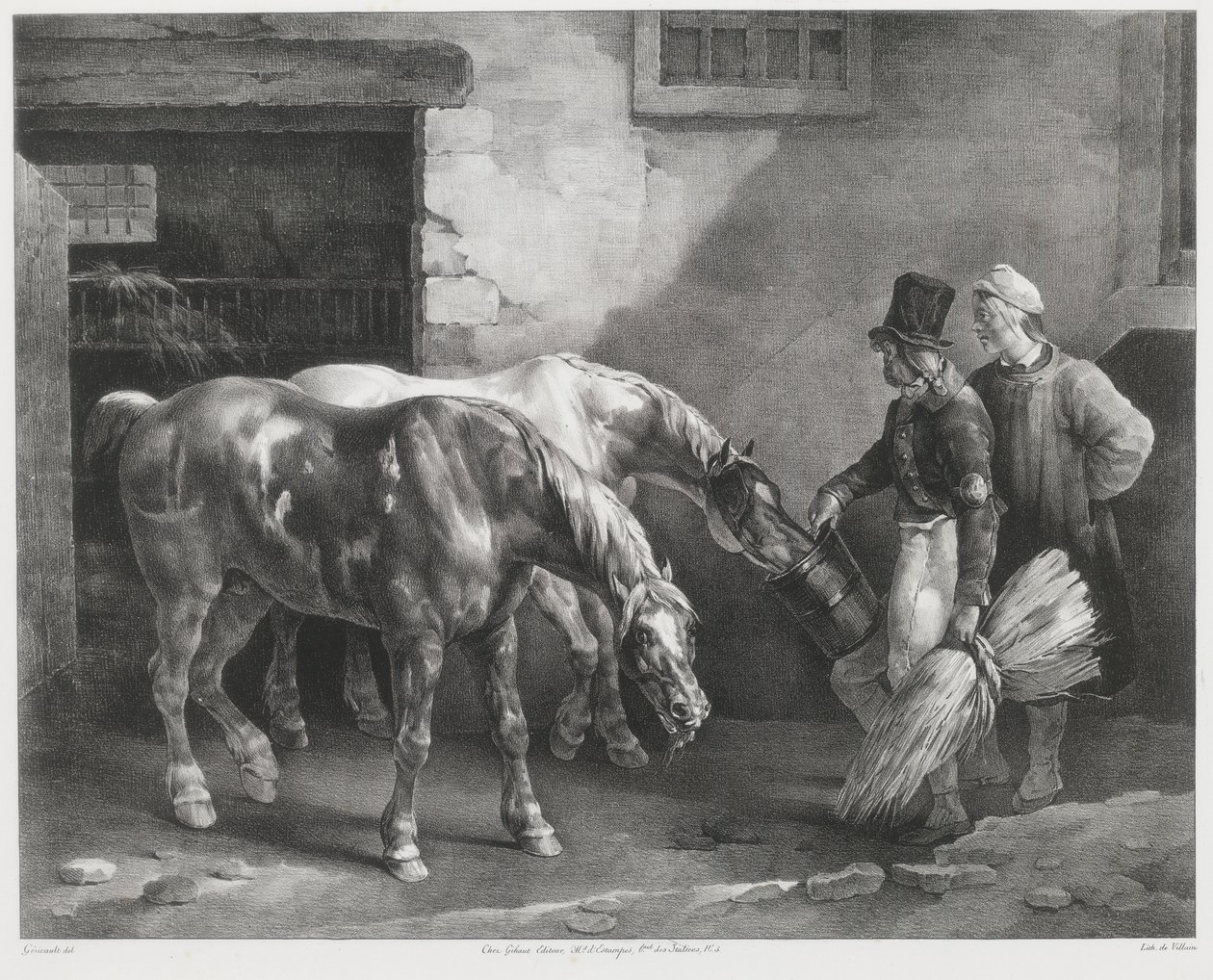 Dois cavalos de correio à porta de um estábulo (Two Post-Horses at a Stable Door) de Theodore Gericault