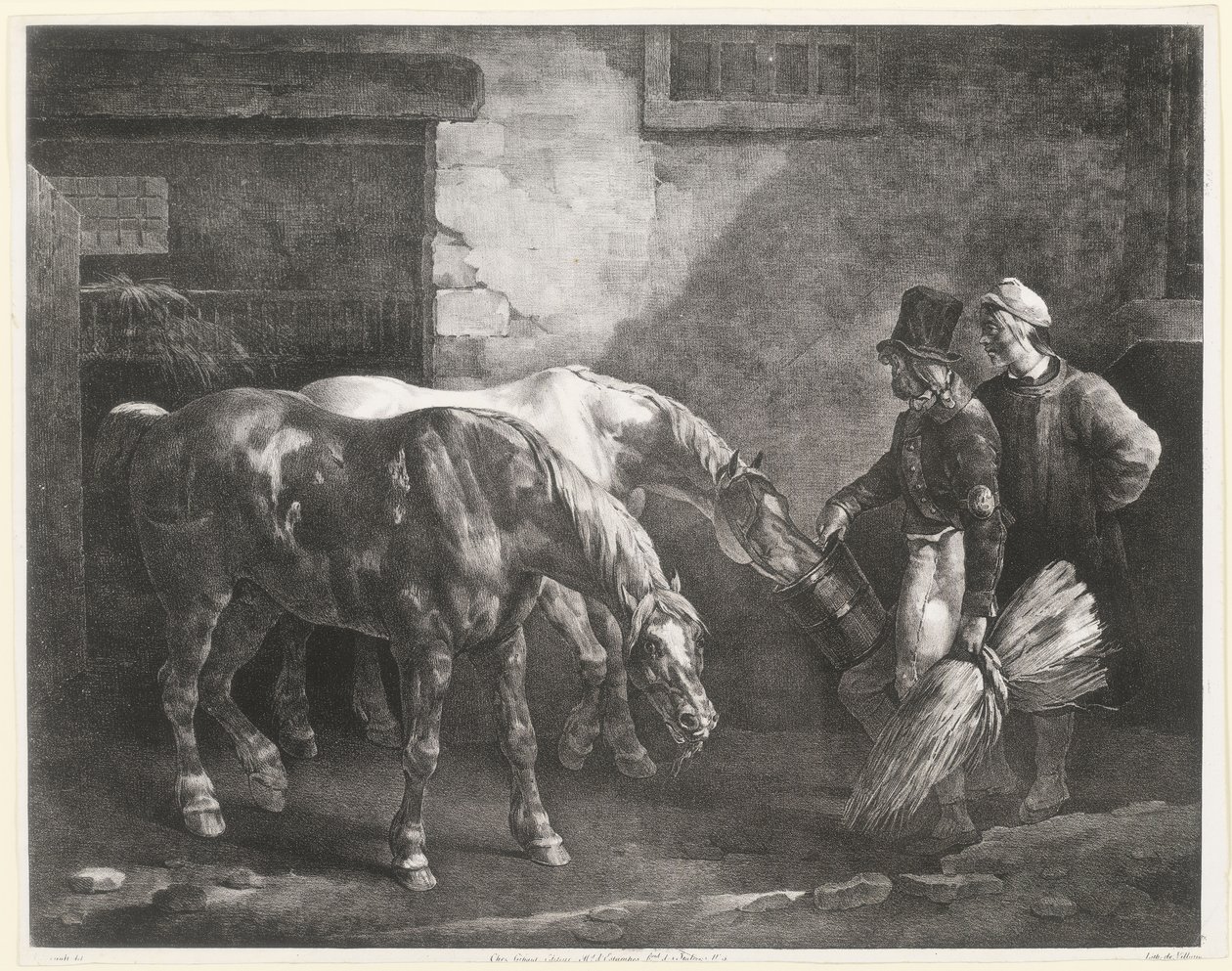 Dois cavalos de correio à porta de um estábulo (Two Post-Horses at a Stable Door) de Theodore Gericault