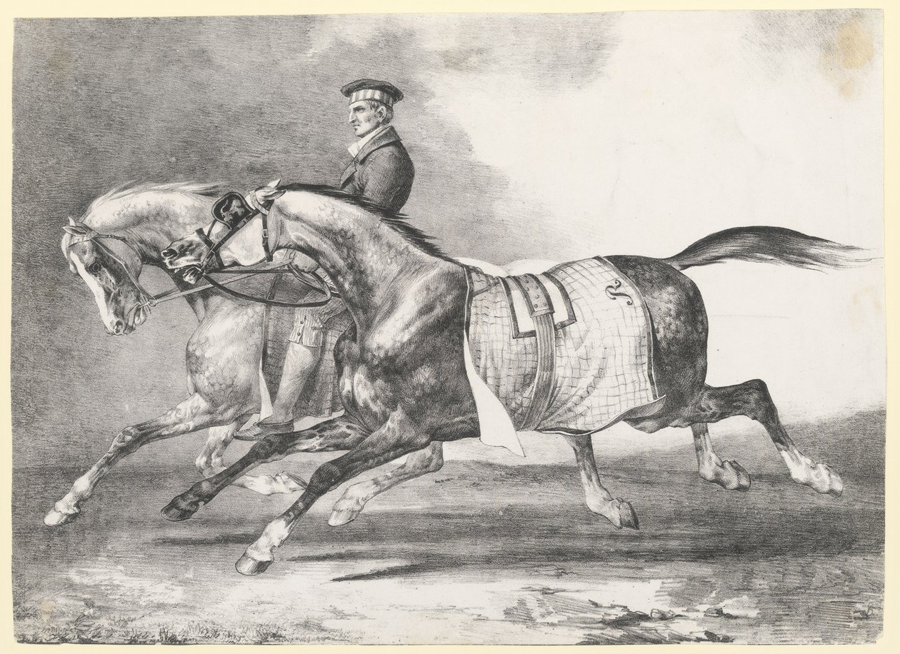 Dois cavalos cinzentos malhados a serem passeados (Two Dapple-Grays Being Exercised) de Theodore Gericault