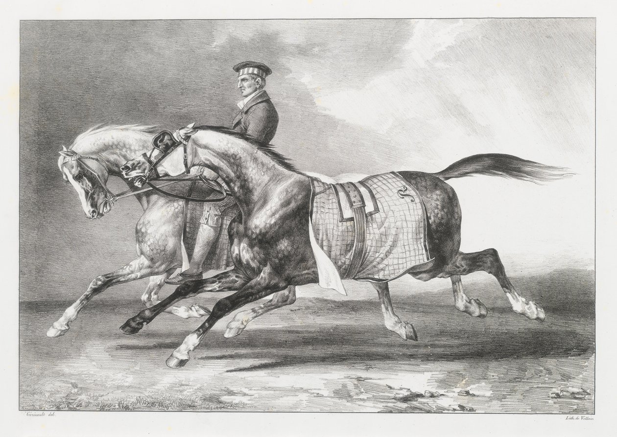 Dois cavalos cinzentos malhados a serem passeados (Two Dapple-Grays Being Exercised) de Theodore Gericault