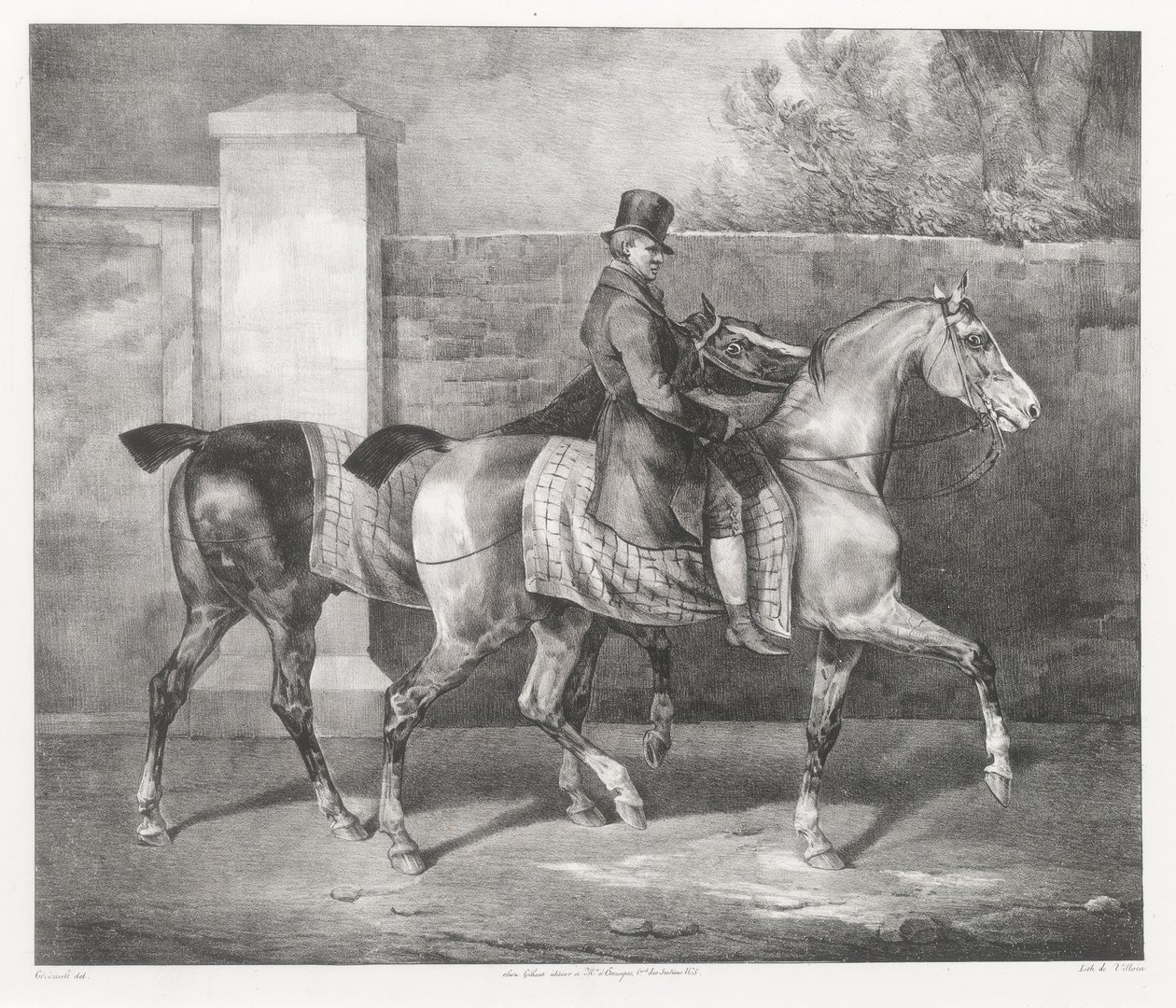 Dois cavalos a serem passeados por um jóquei (Um tratador a exercitar dois cavalos) de Theodore Gericault