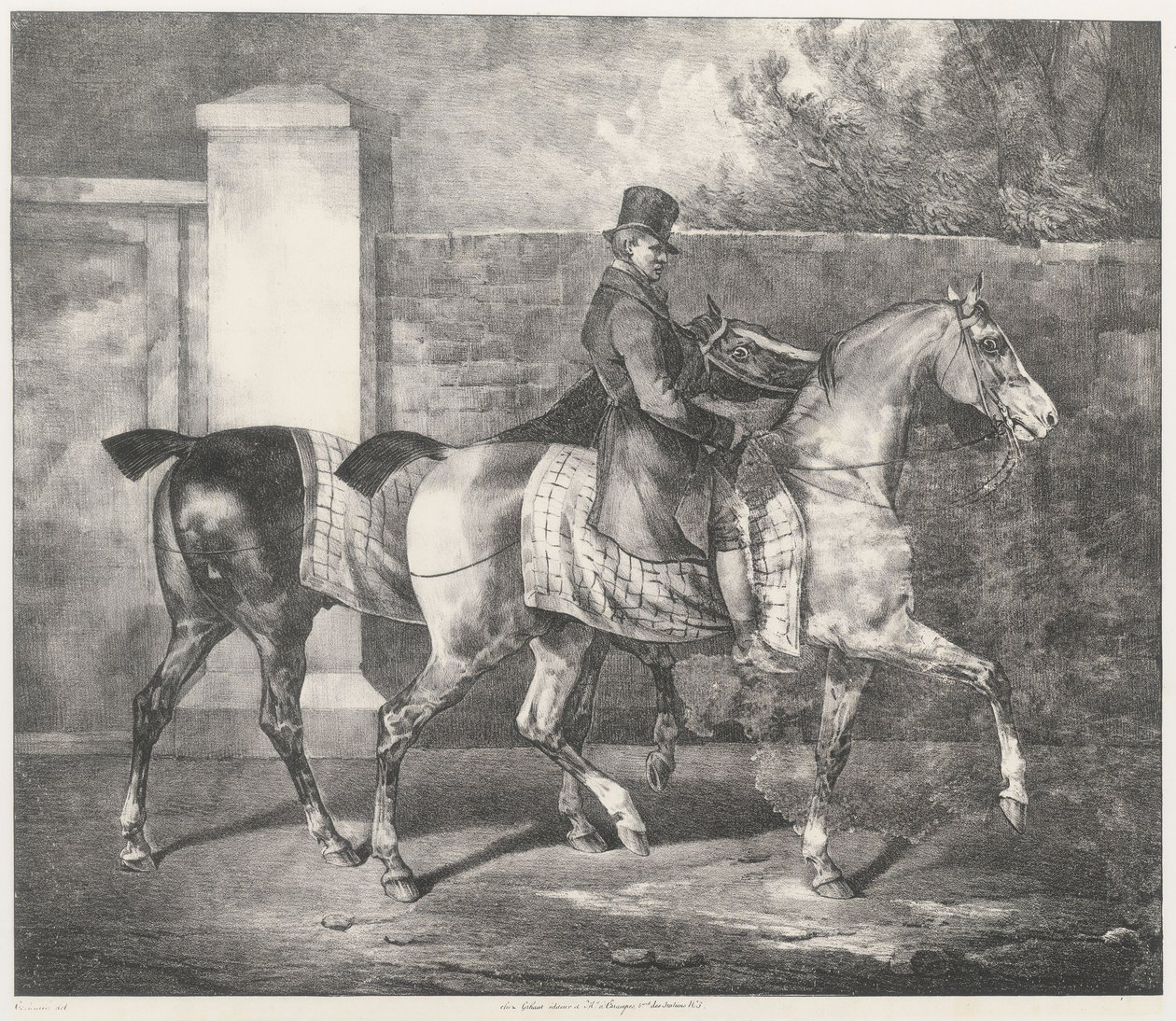 Dois cavalos a serem passeados por um jóquei (Um tratador a exercitar dois cavalos) de Theodore Gericault