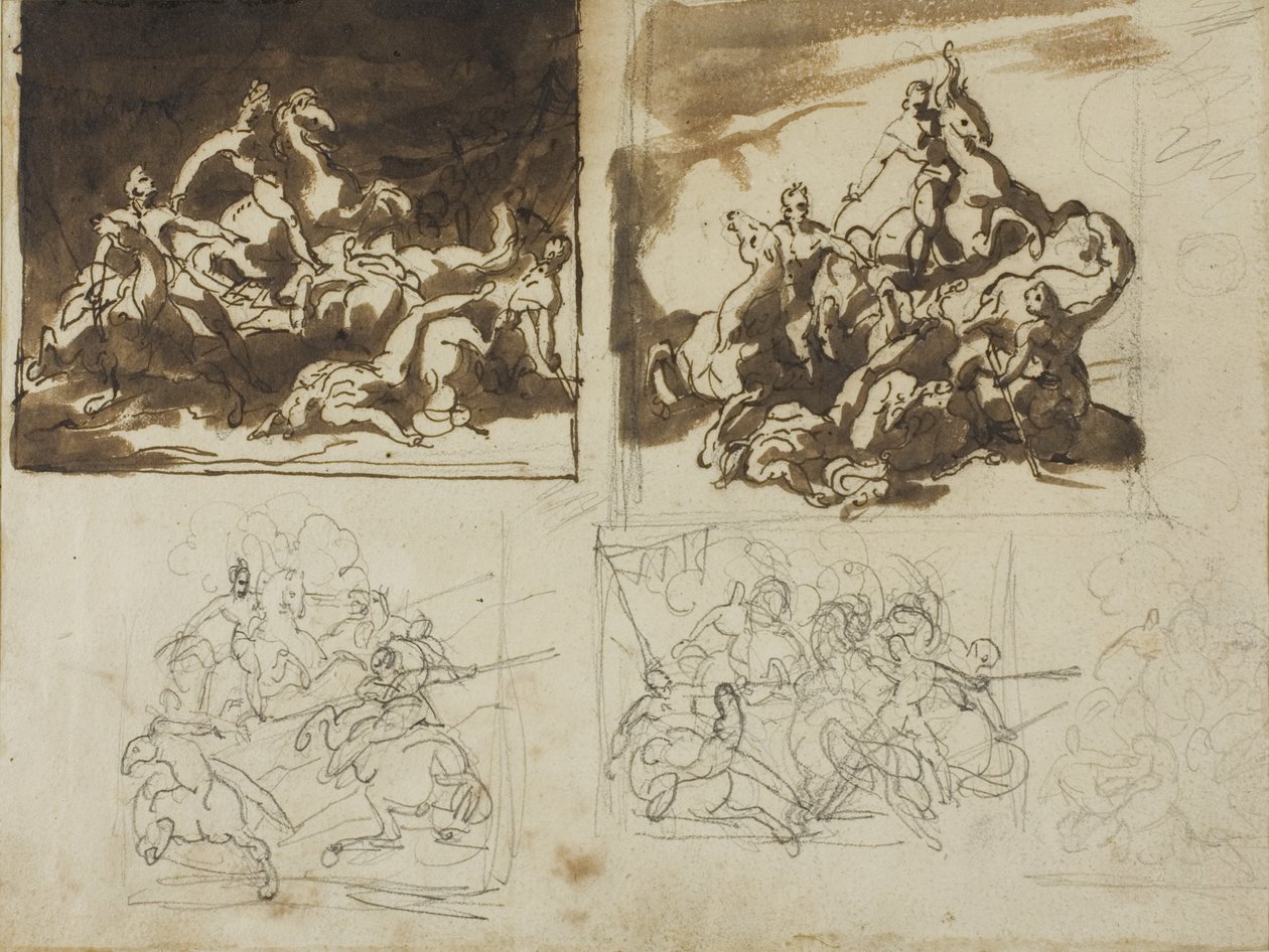 Cinco esboços para uma batalha de cavalaria, 1813-14 de Theodore Gericault