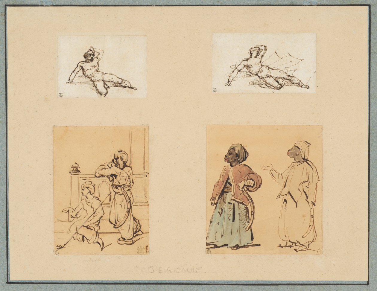 Quatro desenhos: dois nus masculinos reclinados e dois estudos de figuras otomanas de Theodore Gericault