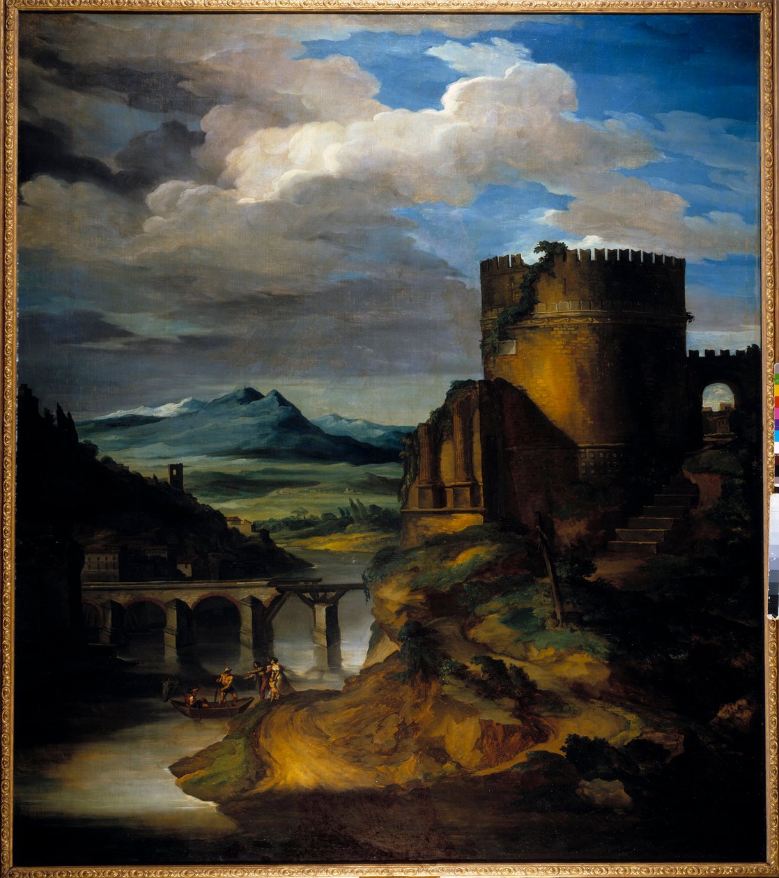 Grande paisagem da Itália Paisagem de ruínas, torre e ponte, por Theodore Gericault (1791-1824) Século XIX de Theodore Gericault