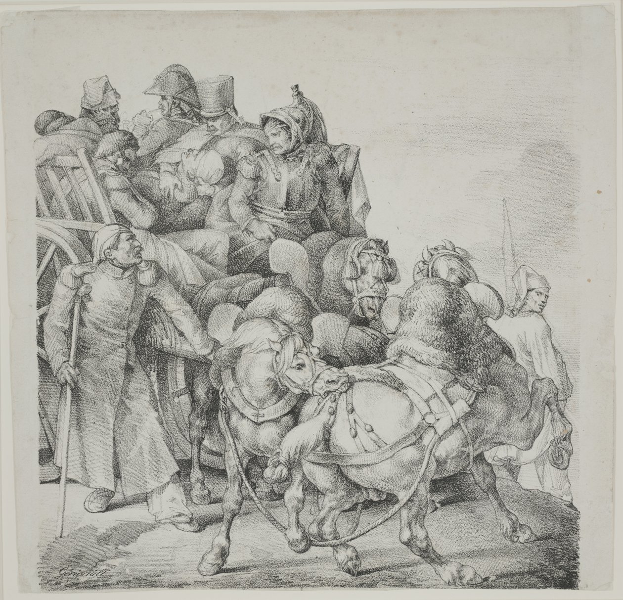 Carroça puxada por cavalos cheia de soldados feridos, litografia de C. Motte de Theodore Gericault