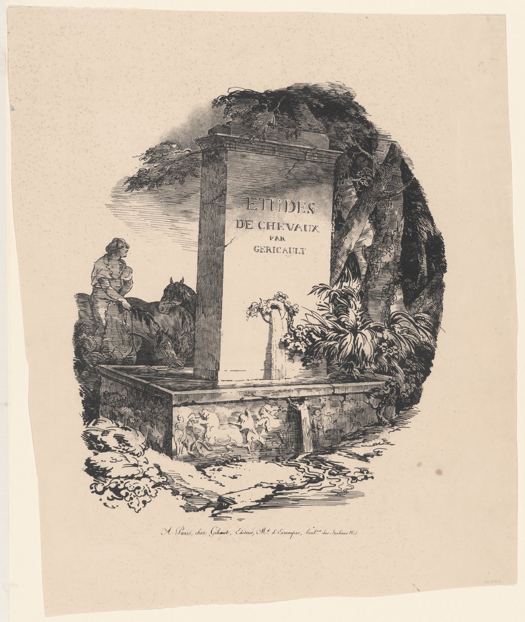 «O Abrevo», página de rosto da obra «Grands chevaux — estudos de cavalos» (The Watering Trough, página de rosto de Studies of Horses ou The Large Horses) de Theodore Gericault